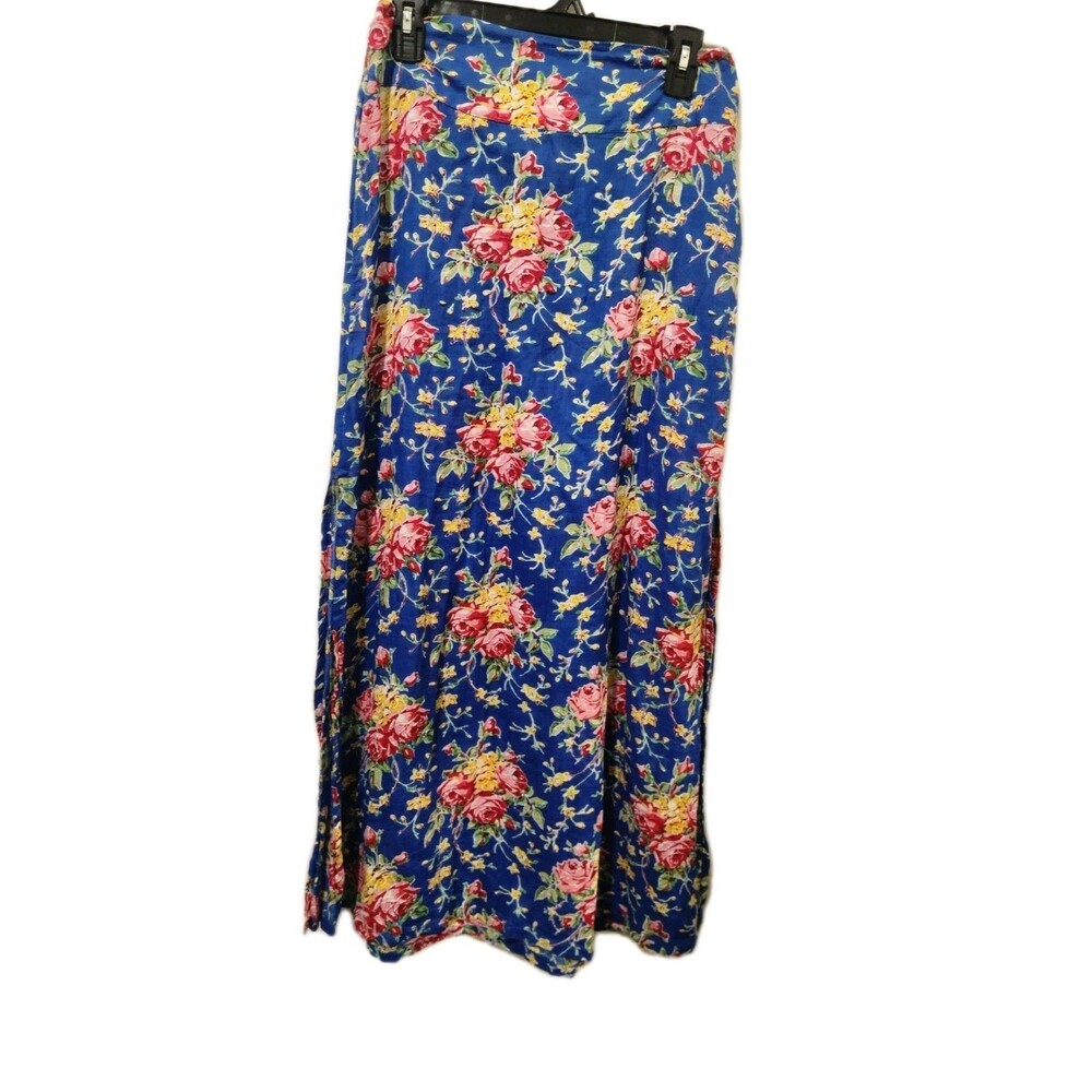 Vintage April Cornell Maxi Skirt Blue Feminine Floral Cotton Side Slits